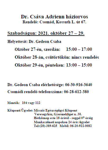 Dr. Csáva Adrienn háziorvoshelyettesítése 2021. október 27 – 29.