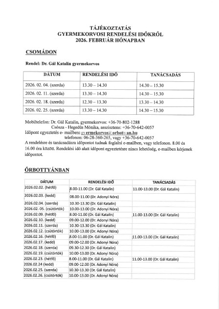 2026. 02. havi gyermekorvosi rendelés