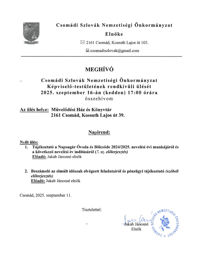 Meghívó CSZSZNO ülésre -2025.09.16.