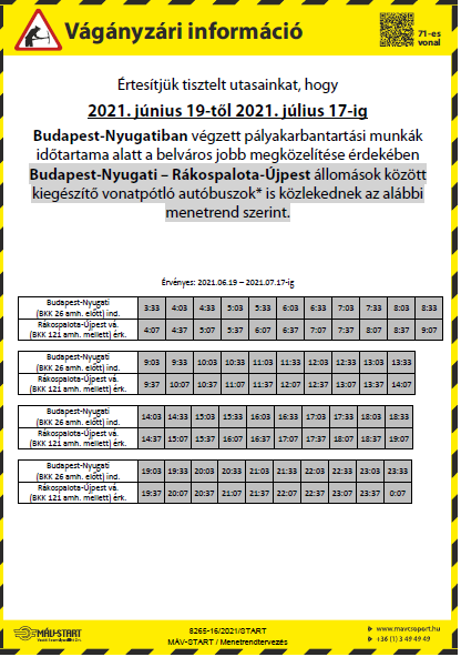 Pályaépítési munkák - 2021. június 19-től 2021. július 17-ig - Budapest-Nyugati – Rákospalota-Újpest állomások között