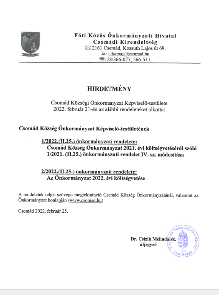 Hirdetmény 1/2022-(II.25.), 2/2022-(II.25.) KT. rendeletekről