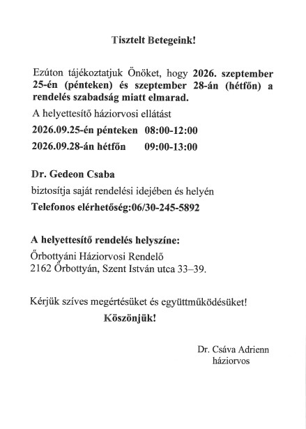 Tájékoztató háziorvos szabadság Tájékoztató háziorvos szabadság