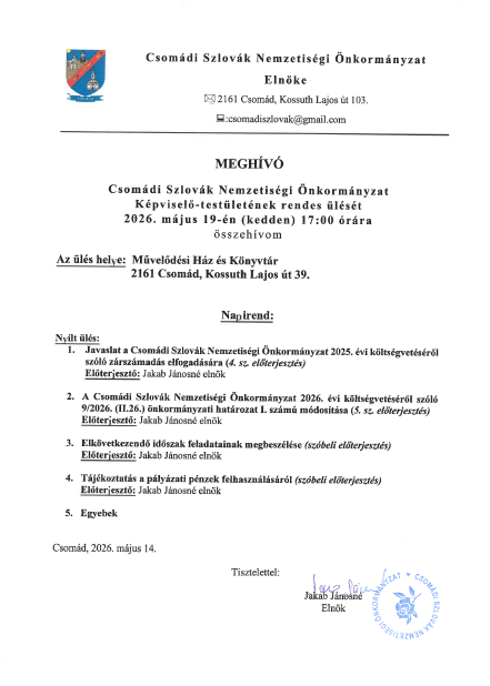 Meghívó - CSZSZNO KT ülésre 2026.05.19.