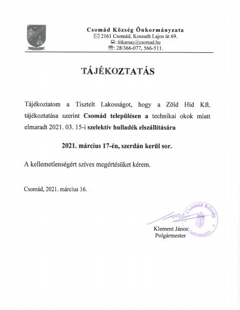 Szelektív hulladék elszállítása hirdetmény