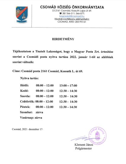 Csomádi Posta nyitvatartása 2022.01.01-től