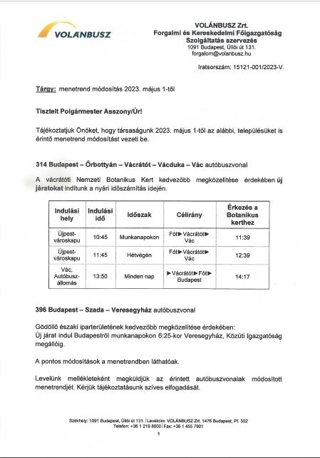 Volán menetrend módosítás 2023.05.01-től