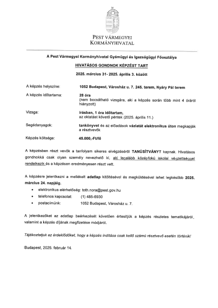 Hirdetmény hivatásos gondnok képzésről