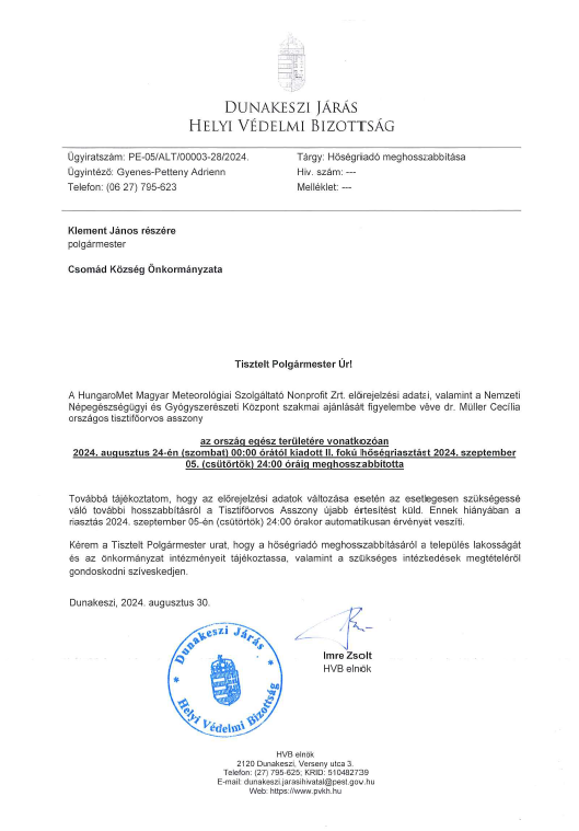 Hőségriadó hosszabbítás - Csomád 2024.09.05-ig
