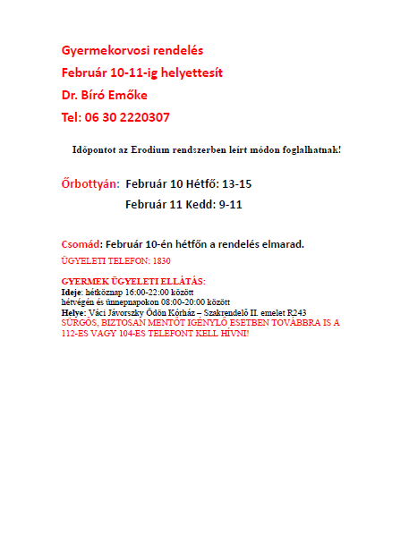 Gyermekorvos helyettesítés 2025.02.10-2025.02.11