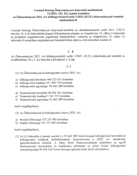 11/2021. önkorm rendelet: 2021. évi 11. 2021. évi költségvetés módosítása