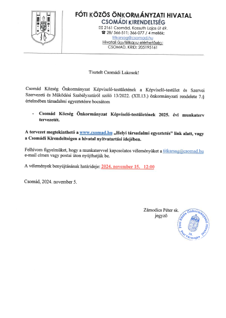 Képviselő-testület 2025. évi munkatervének társadalmi egyeztetése