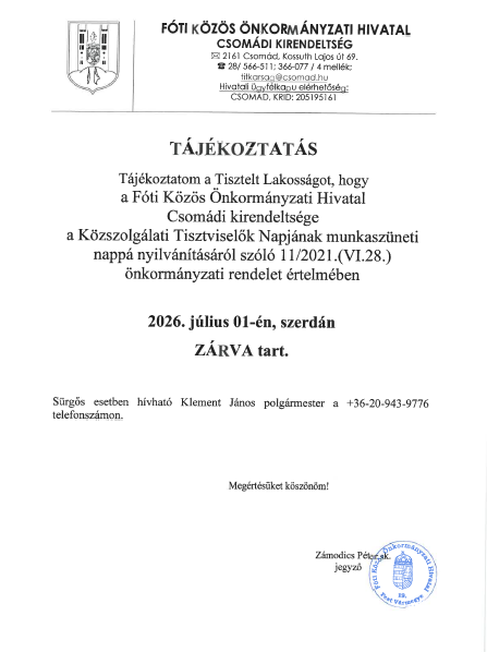 Hirdetmény - 2026 07 01-én hivatal zárva Hirdetmény - 2026 07 01-én hivatal zárva