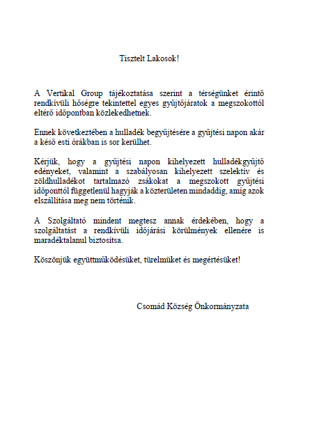 Tájékoztatás hulladékgyűjtésről