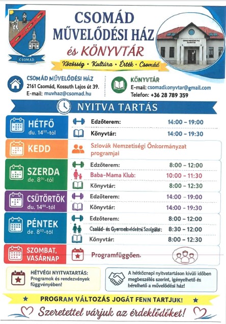 művelődési ház és könyvtár nyitvatartása művelődési ház és könyvtár nyitvatartása